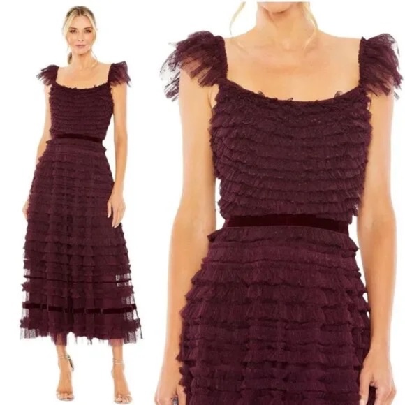 Mac Duggal NWT Ruffle Cap Sleeve Tiered Midi Dress Burgundy...
